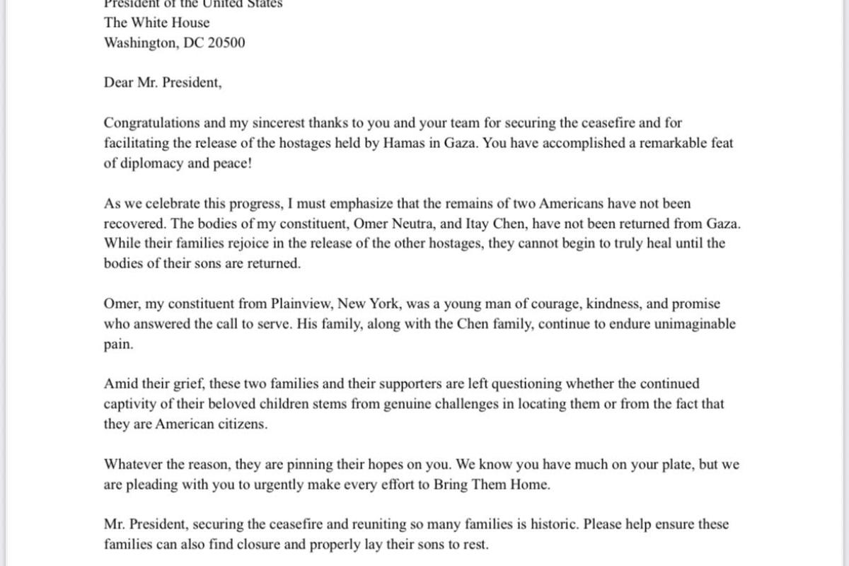 10/19/25 Suozzi Letter to President